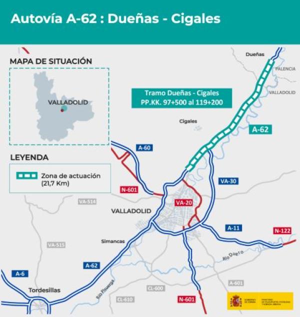 Mitma aprueba el trazado para aumentar la capacidad de la autovía A-62 en el tramo Dueñas-Cigales, con un presupuesto de 131,8 millones de euros